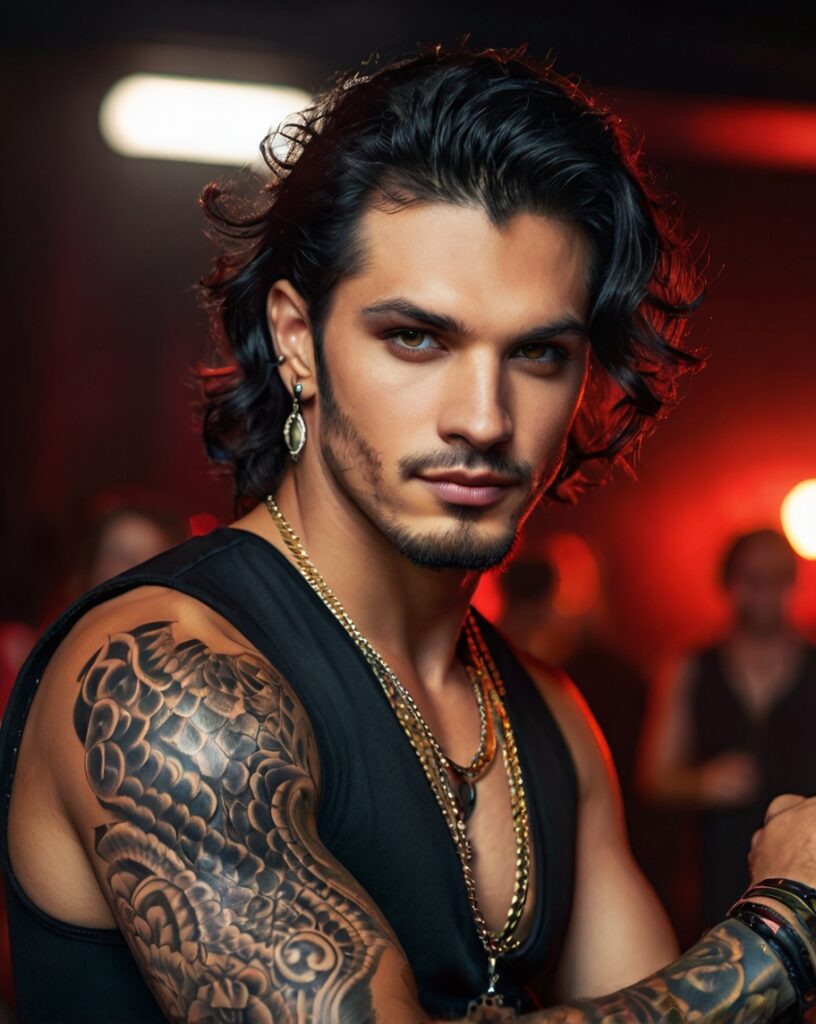 Charakter Adrian Moore, Rockstar, mit schwarzen welligen Haaren, dunklen Augen, Ohrring, Dreitagebart, Tätowierungen und Goldketten.