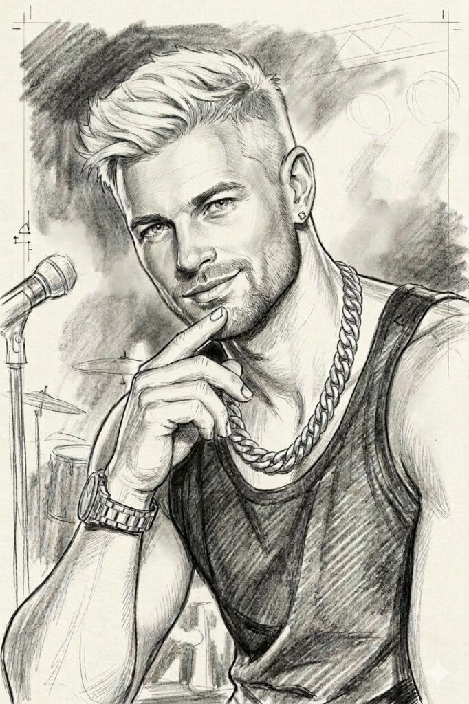 Zeichnung des Charakters Arvid, Rapper. Er trägt eine Gliederhalskette und ein schwarze Top und sieht nachdenklich aus. Im Hintergrund ist ein Mikrofon zu sehen.
