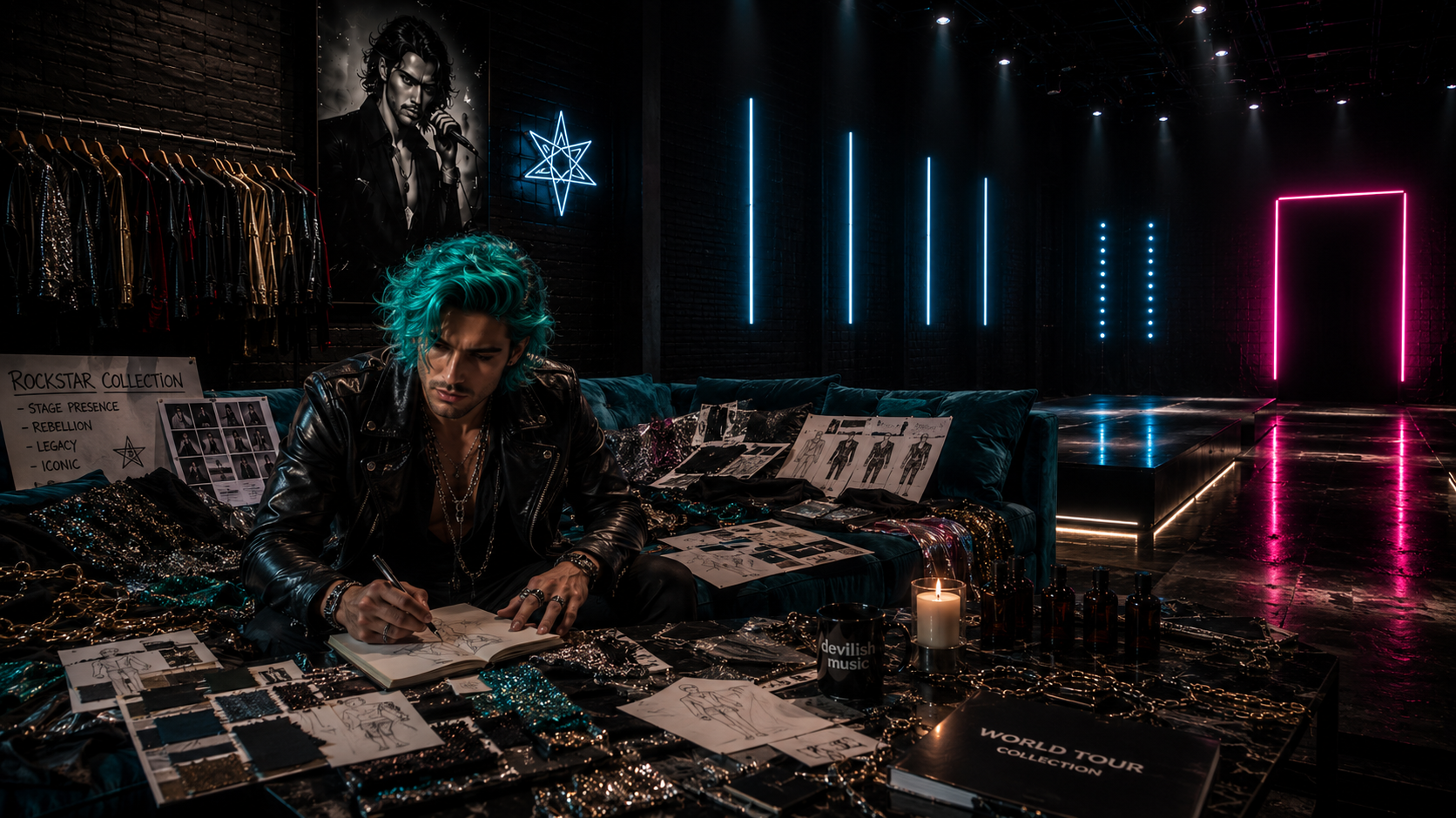 Ein Porträt des Modedesigners Kasper Holm (Charakter aus der Reihe Celebrity Liebe von Jade C. Kleinod) in seinem exklusiven, nächtlichen Atelier, das an die Ästhetik eines Backstage-Bereichs erinnert. Kasper, ein Mann mit türkisfarbenen Locken und einer markanten schwarzen Lederjacke, sitzt konzentriert an einem Tisch voller Entwürfe und Stoffproben. Die Szenerie wird von stylischen blauen und pinken Neon-Akzenten beleuchtet, die auf ein edles Samtsofa in Teal und dunkle Marmoroberflächen treffen. Im Hintergrund prangt ein leuchtender Schriftzug mit der Aufschrift „devilish music“. Die Atmosphäre ist eine Mischung aus modernem Glamour und der rebellischen, düsteren Ästhetik einer Rockstar-Romance.
