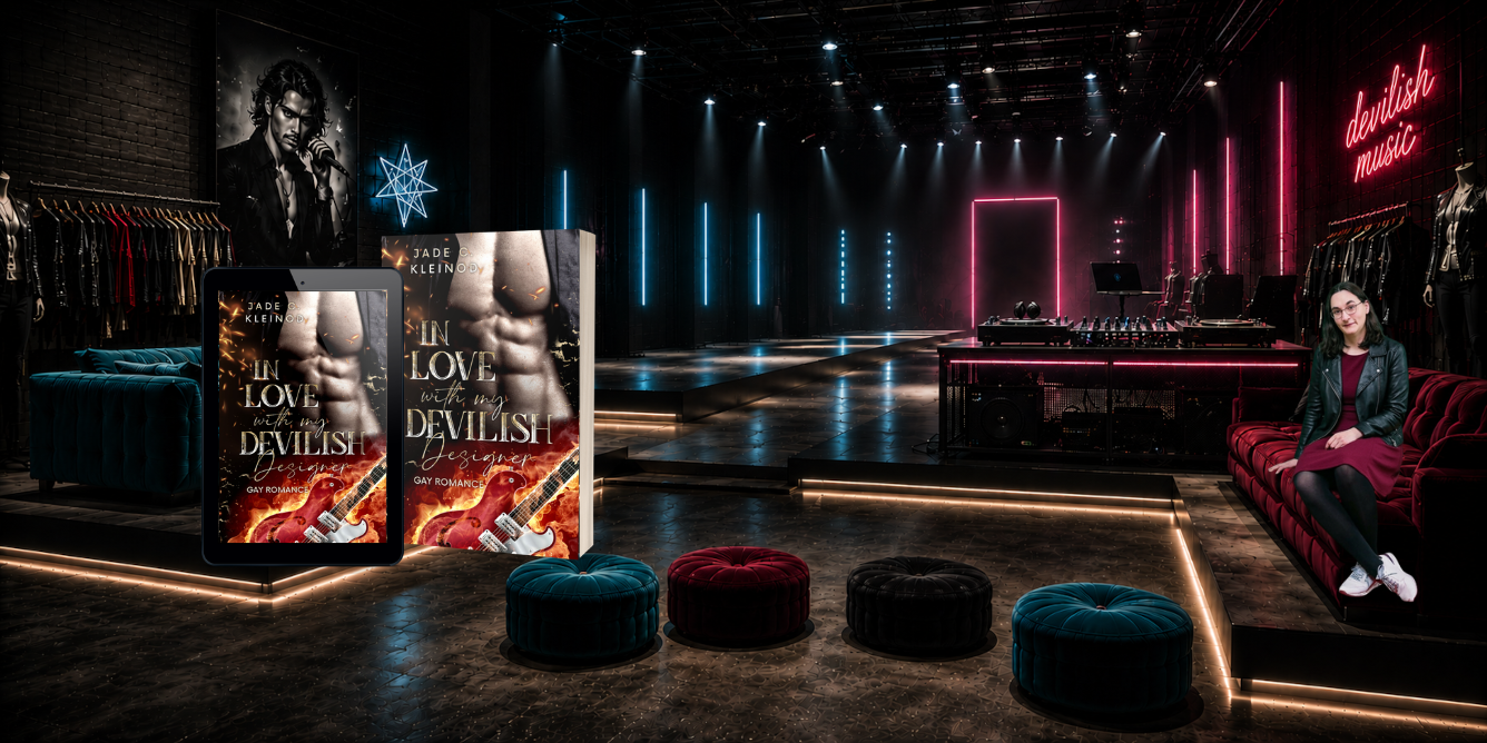 Banner für die Gay-Romance-Reihe von Jade Kleinod: Eine Collage in einem stylischen Musikstudio-Setting mit DJ-Pult und Neonlichtern. Zu sehen sind mehrere Buchcover der „Celebrity Liebe“-Reihe auf E-Readern und als Taschenbuch sowie ein Porträt der Autorin Jade auf einem Sofa