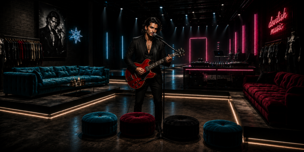 Ein Porträt des Rockstar-Charakters Adrian Moore in einem exklusiven, nächtlichen Musikstudio. Adrian, ein Mann mit dunklen Locken und einem eleganten schwarzen Anzug, steht mit einer roten E-Gitarre am Mikrofon. Die Szenerie wird von stylischen blauen und pinken Neon-Akzenten beleuchtet, die auf Samtmöbel in Teal und Dunkelrot treffen. Im Hintergrund prangt der leuchtende Schriftzug „devilish music“. Die Atmosphäre ist eine Mischung aus modernem Glamour und der düsteren Ästhetik einer Rockstar-Romance.