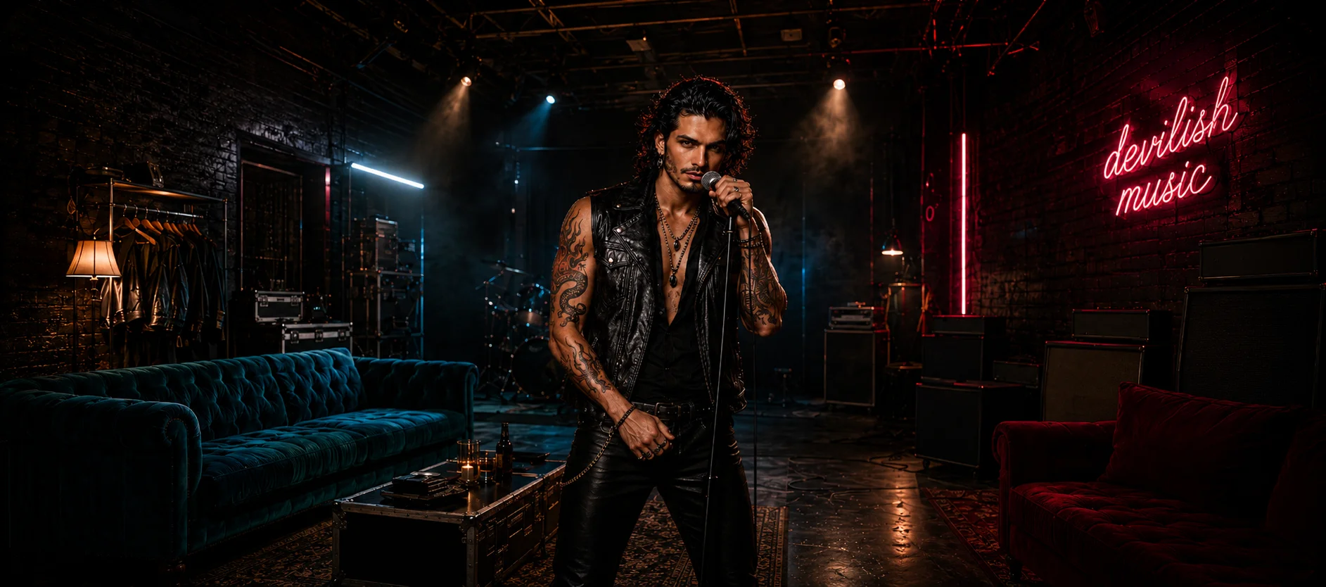 Ein Porträt des Rockstar-Charakters Adrian Moore in einem exklusiven, nächtlichen Musikstudio.
