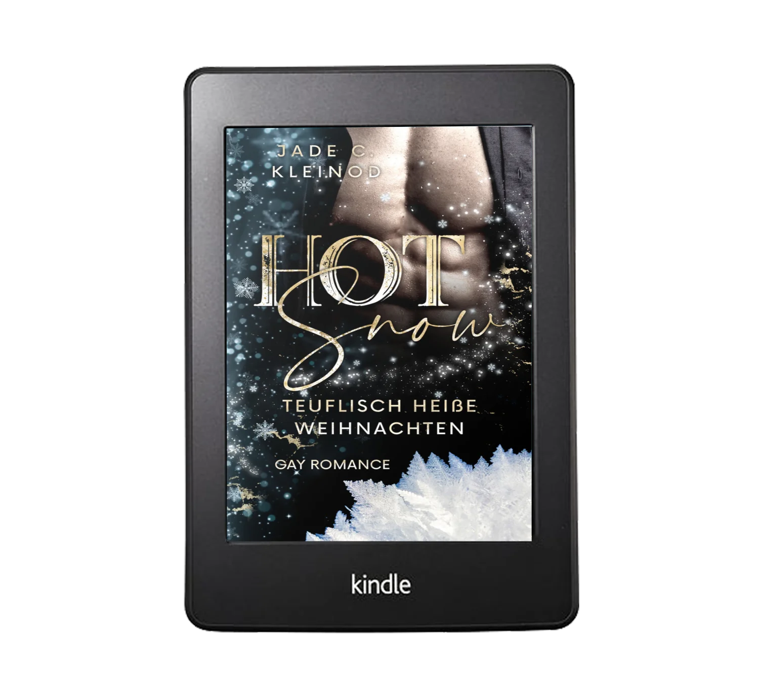 Kindle-Mockup des Covers von "Hot Snow · Teuflisch heiße Weihnachten" von Jade C. Kleinod. Das Cover zeigt einen männlichen Torso vor einem winterlichen Hintergrund mit Schneeflocken und Eiskristallen. Titel in gold-weißer Typografie.