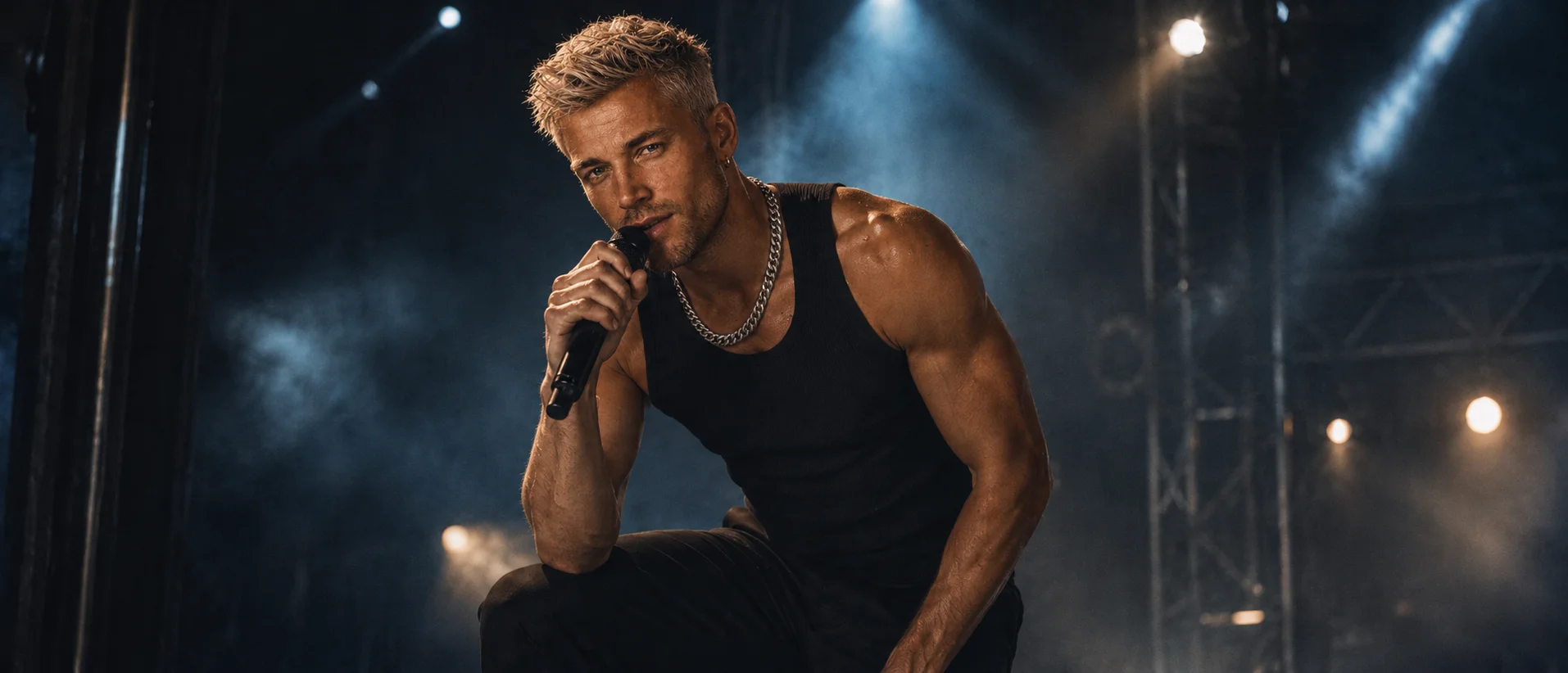 Arvid, Rapper-Charakter aus dem Roman »BPM - Mein Herz folgt deinem Rhythmus«, kniend mit Mikrofon auf einer Bühne mit Scheinwerferlicht