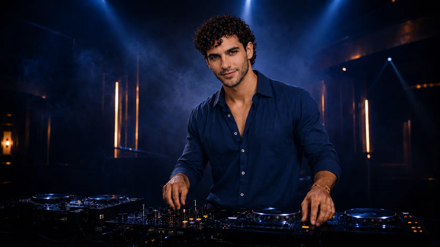 Valerio alias RIO, DJ-Charakter aus dem Roman »BPM - Mein Herz folgt deinem Rhythmus«, an den Plattentellern in einem dunklen Club mit blauem Bühnenlicht