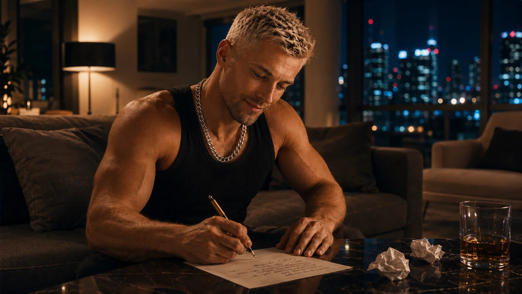 Arvid, Charakter aus der Gay Celebrity Romance »BPM - Mein Herz folgt deinem Rhythmus«, schreibt nachts handschriftlich Songtexte