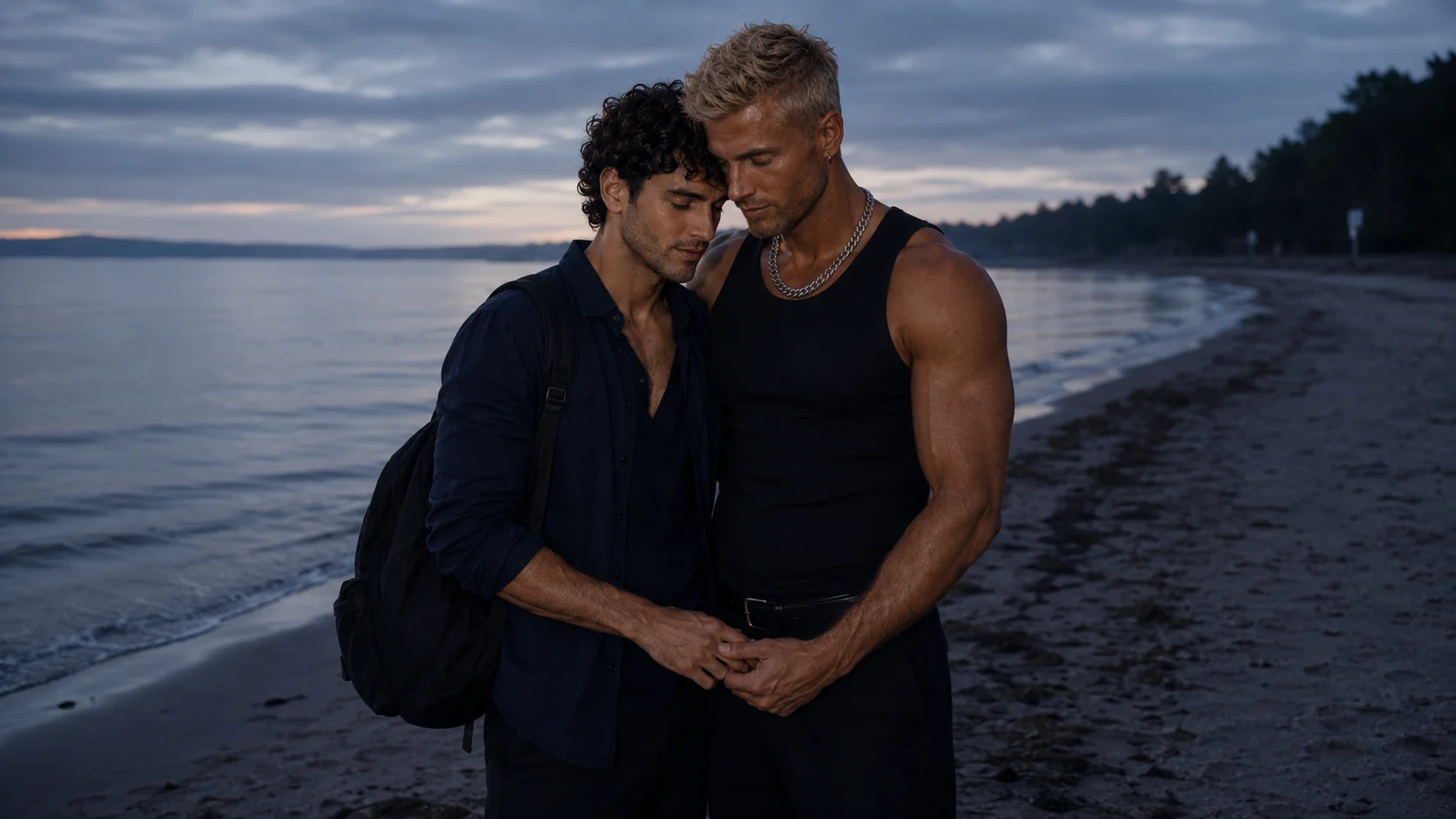 Arvid und Valerio, Charaktere aus der Gay Celebrity Romance »BPM - Mein Herz folgt deinem Rhythmus«, gemeinsam am Strand in der Abenddämmerung