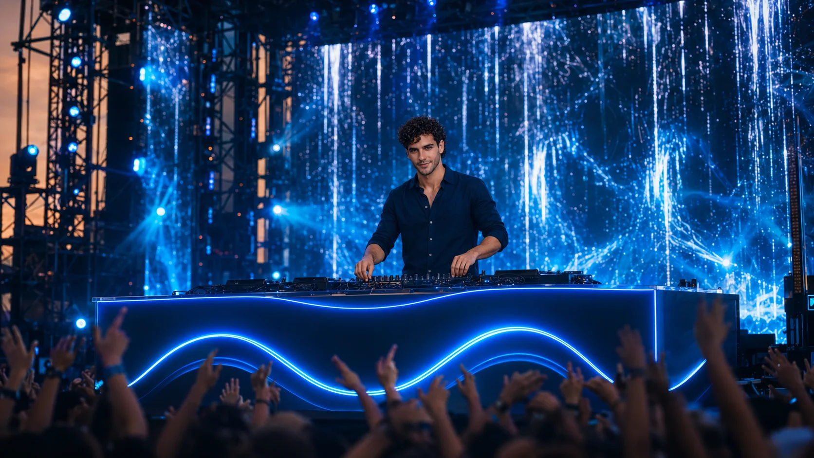 Valerio als DJ RIO am Mischpult vor jubelndem Publikum, Charakter aus der Gay Celebrity Romance »BPM - Mein Herz folgt deinem Rhythmus«