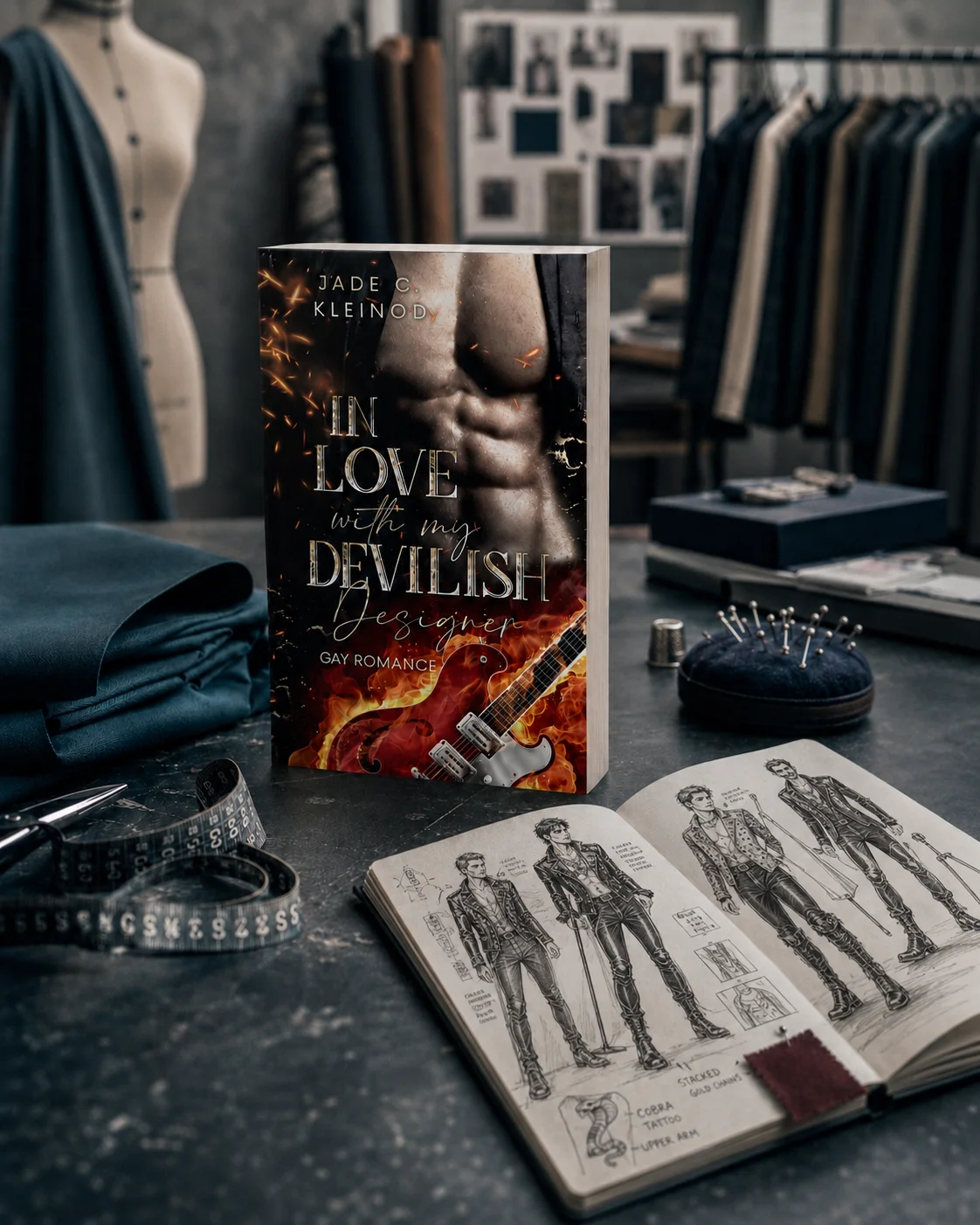 Taschenbuch von »In Love with my devilish Designer« auf einem Designstudio-Arbeitstisch mit teal Stoffen, Skizzenbuch mit Bühnenoutfit-Entwürfen, Maßband und Nähutensilien.