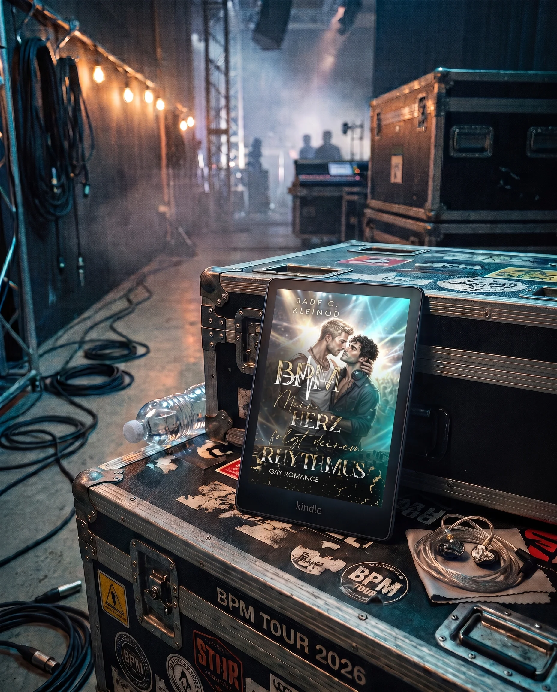 Kindle-Mockup des Covers von »BPM - Mein Herz folgt deinem Rhythmus«, aufgestellt auf einem tourgezeichneten Flightcase backstage, umgeben von Kabeln, einer Wasserflasche, In-Ear-Monitoren, im Hintergrund ein nebliger Bühnengang mit Lichterkette.